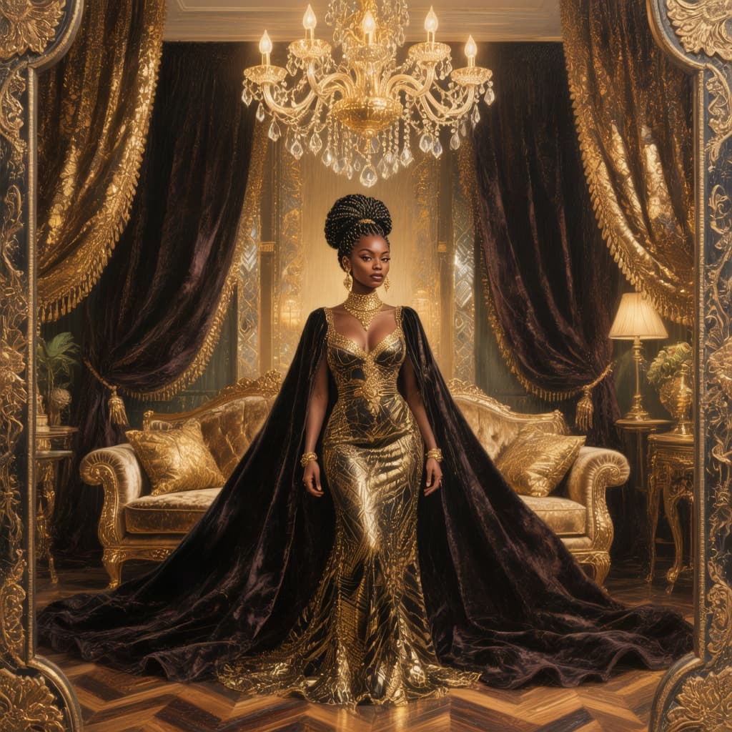 AI generated: centered, regal dark-skinned female with a braided updo, dressed elegantly in black and gold in luxu...