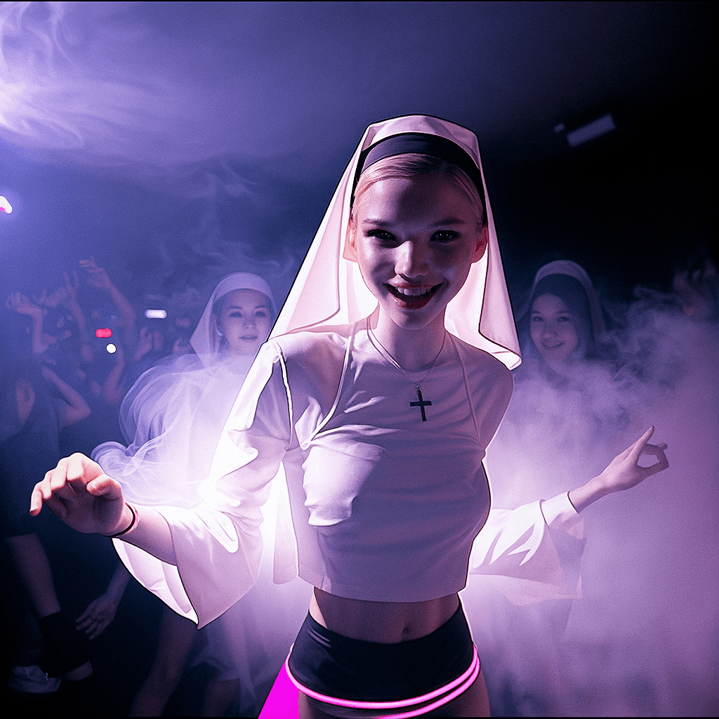 AI generated: misty lit with smoke and fog neon night club, crazy night dance at the night club, crowded party eme...