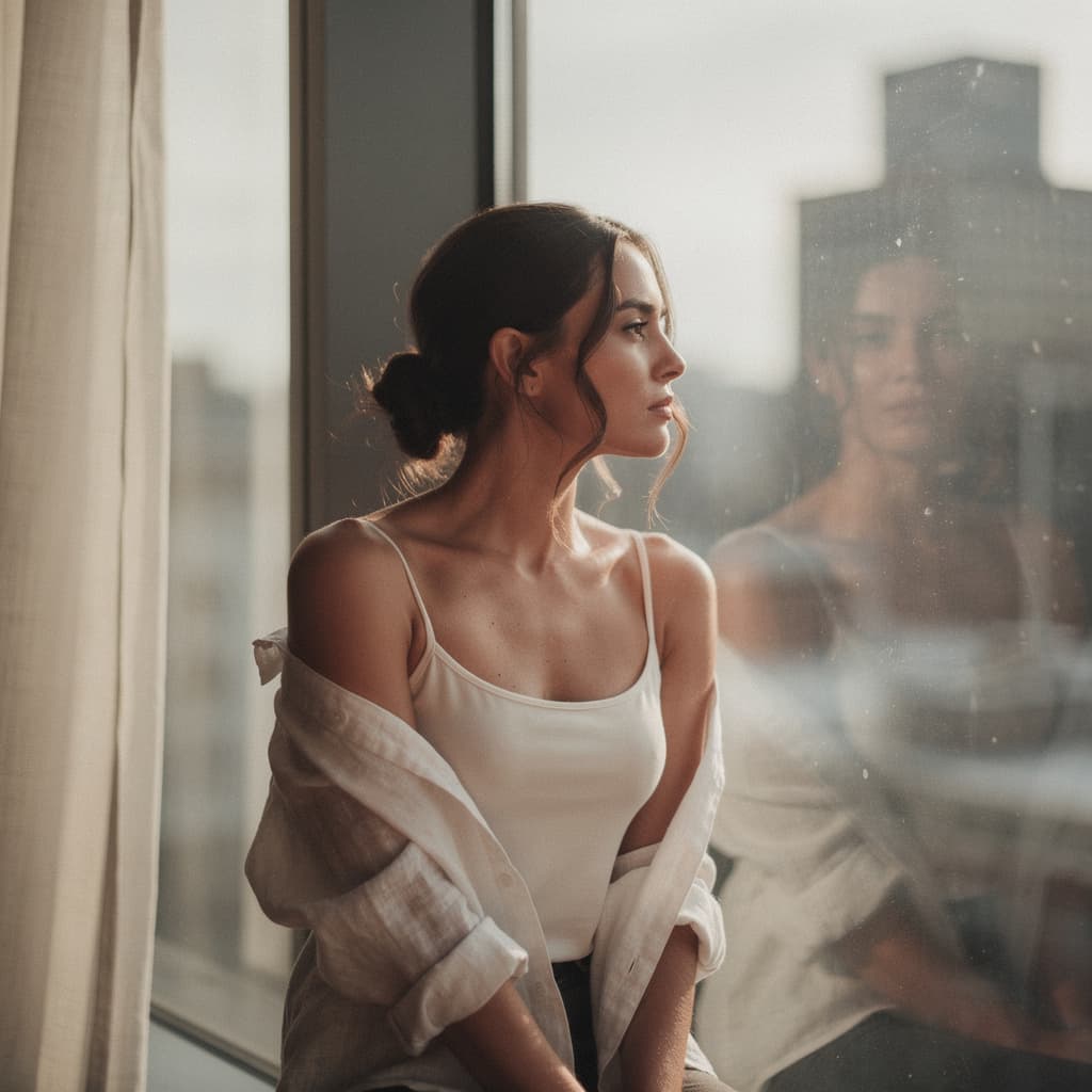 AI generated: A woman leans by a tall window as morning light pours over an athletic hourglass frame and relaxed p...