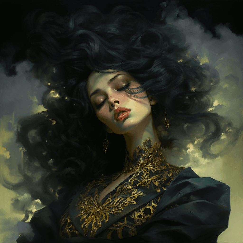 AI generated: a woman with black hair who weeps dark smoke from her eyes, black, bright light, golden hues, green,...
