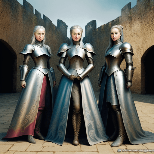 AI generated: Three very beautiful women, dressed in armor, stand in the courtyard of the fortress, gong hoi and t...
