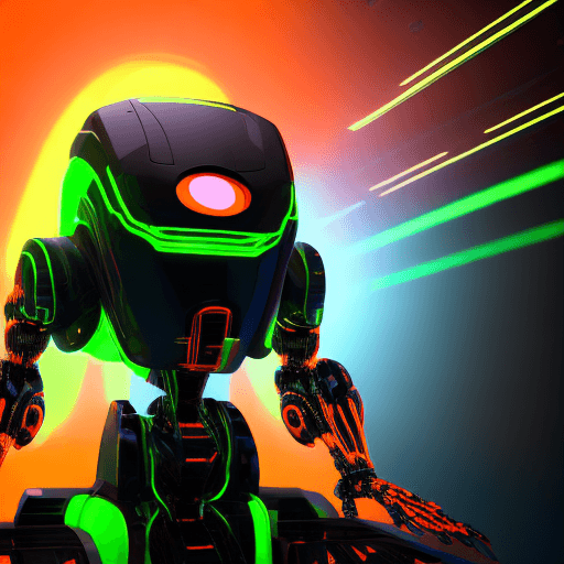 AI generated: 3d rendering, robot, front view, upper-body, neon glow with deep orange and green, gaze, glistening ...
