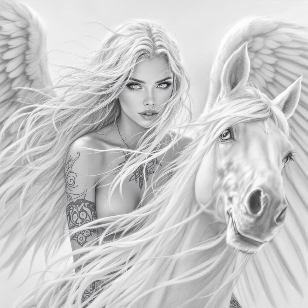 AI generated: color pencil drawing, (beautiful woman:1.2), long white wavy hair blown by wind, strands of hair in ...