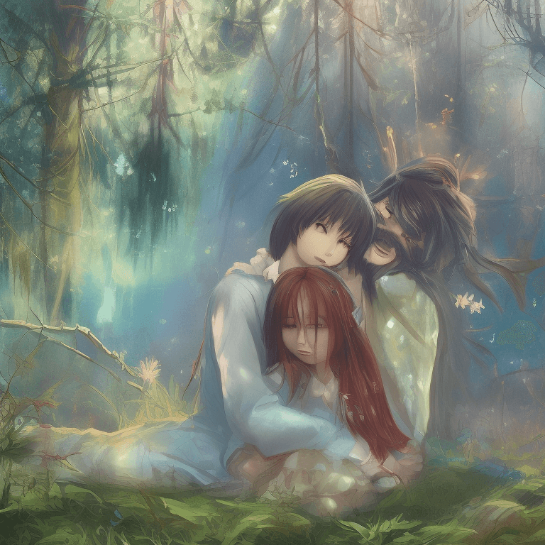 AI generated: 8k. detailed. a boy and a girl sitting together and hugging in a forest. girl has long bright flowin...