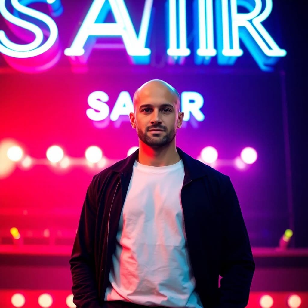 AI generated: a BALD man stands in front of a neon sign that reads "SAMIR" in bold white letters.  he is dressed i...