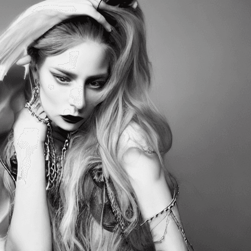 AI generated: A woman like Lady Gaga, wears chains and silver jewelry, with porcelain skin, green eyes, red lips, ...