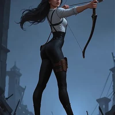 AI generated video: ,she turns, pulls back the bow with her left arm and fires the arrow directly at the camera. The cam...