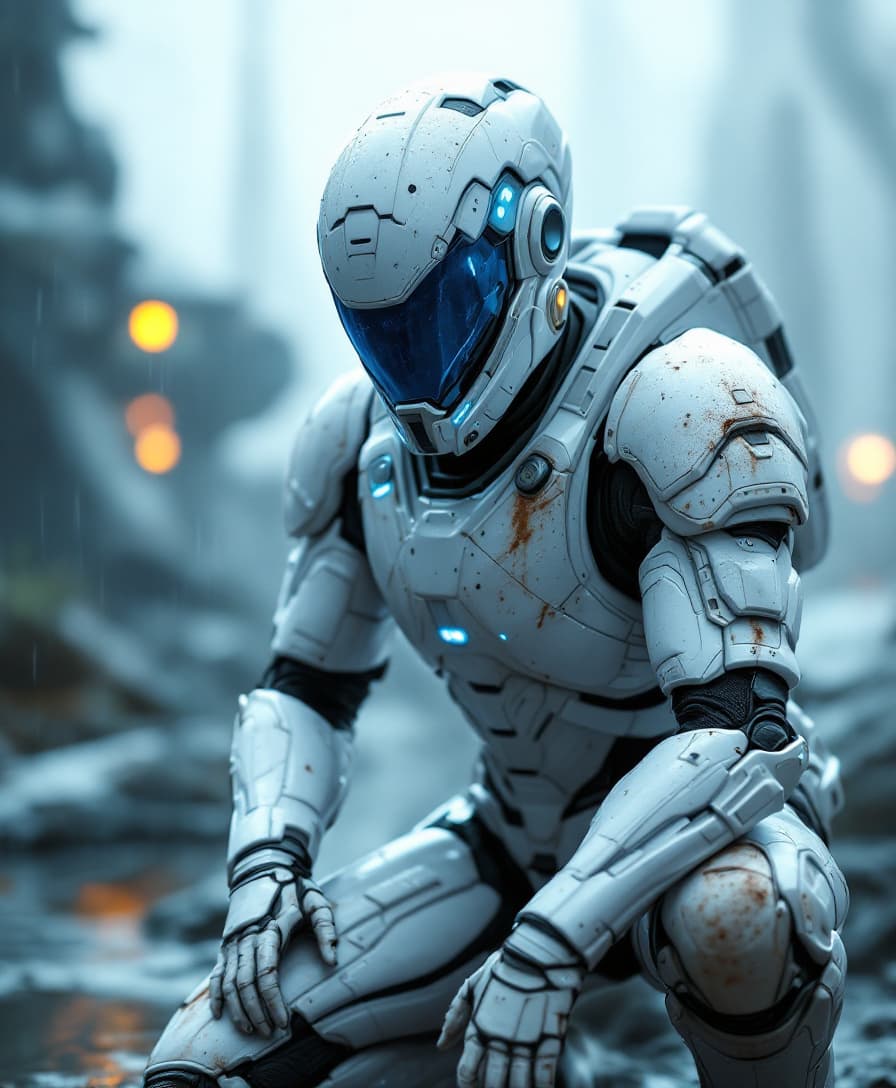 AI generated: A sci-fi space soldier,  futuristic white camouflage battle armor with blue lights, there is a futur...