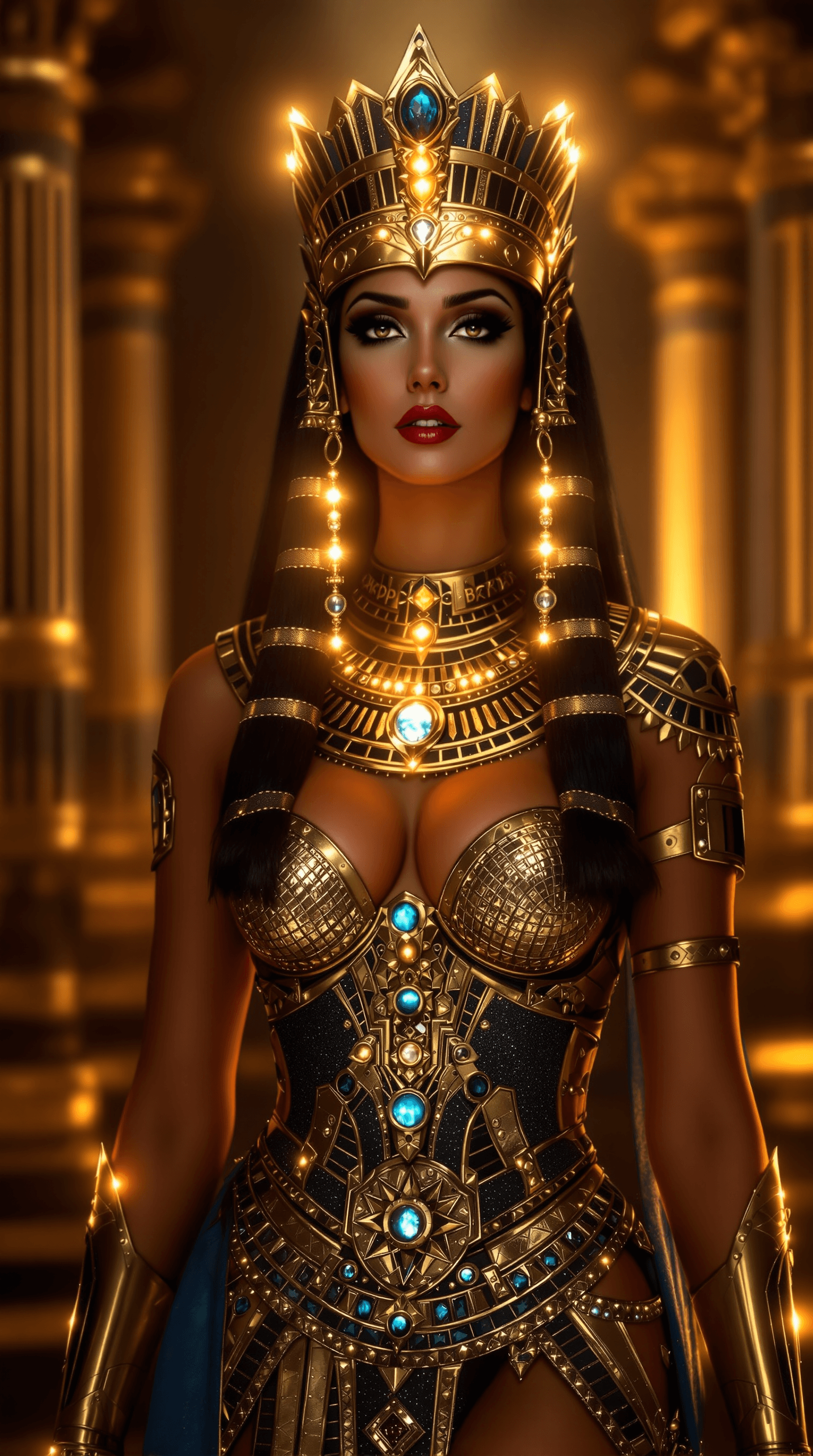 AI generated: cleopatra, babe, egypt, temple, fantasy, beautifull glamour egypt queen armor and tiara with extrem ...