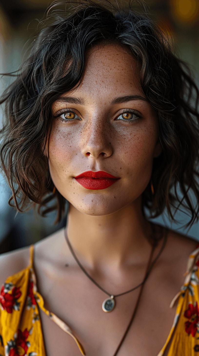 AI generated: a realistic photo of a [very pretty 35 year old woman], with [short, wavy, blak hair], looks like [S...
