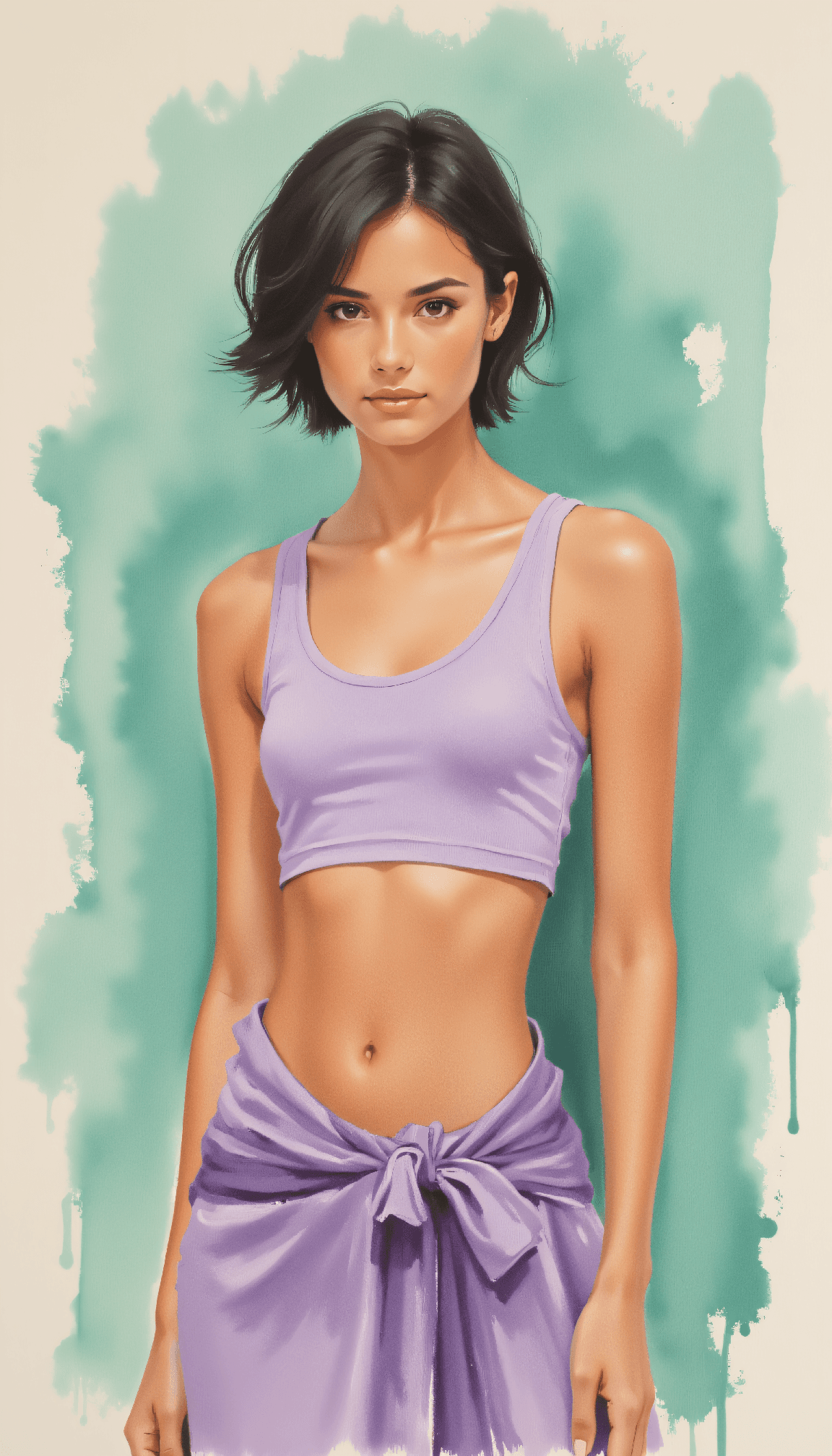 AI generated: Loose brushwork oil painting of a toned woman with short hair, wearing a twisted lavender crop top a...
