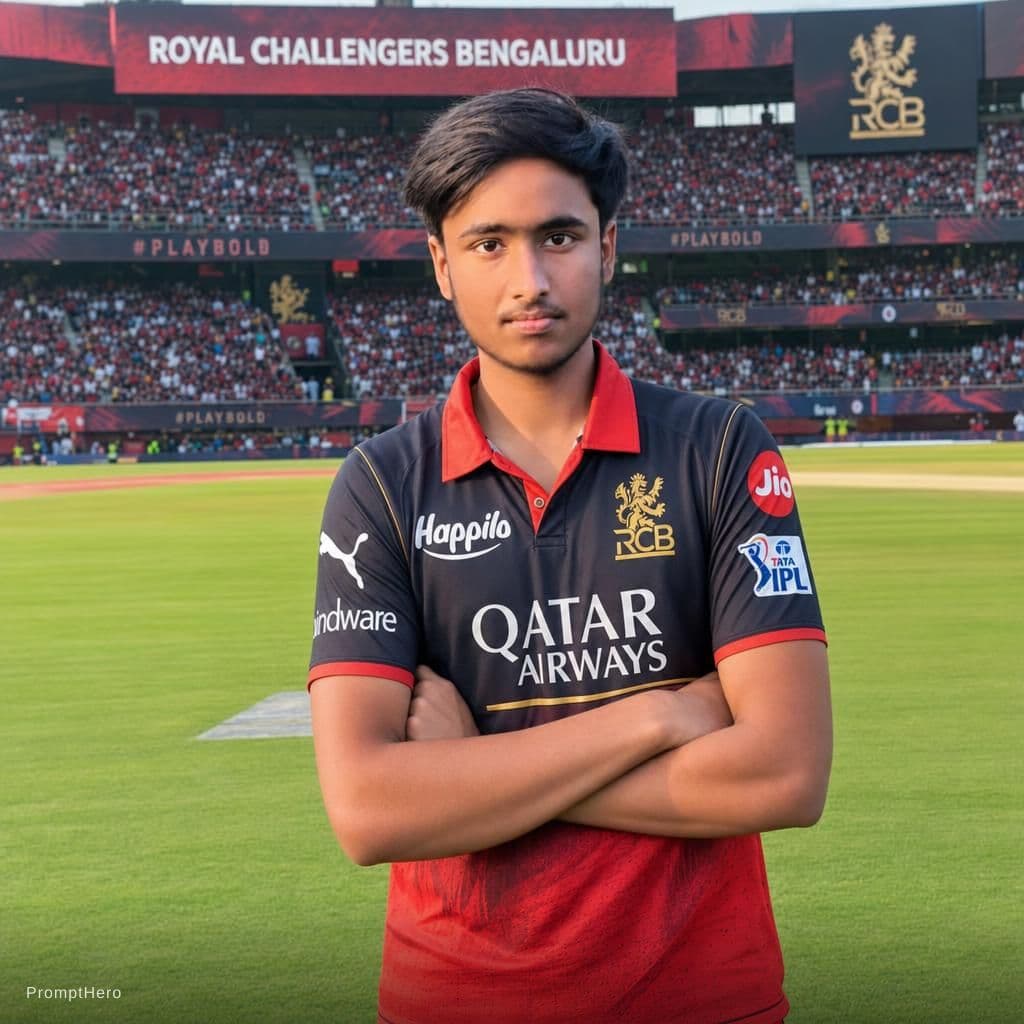 AI generated: Realistic HD cricket ground with RCB jersey .