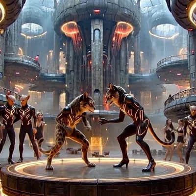AI generated video: ultra-realistic cinematic nightclub environment rendered in Unreal Engine 5, massive futuristic inte...