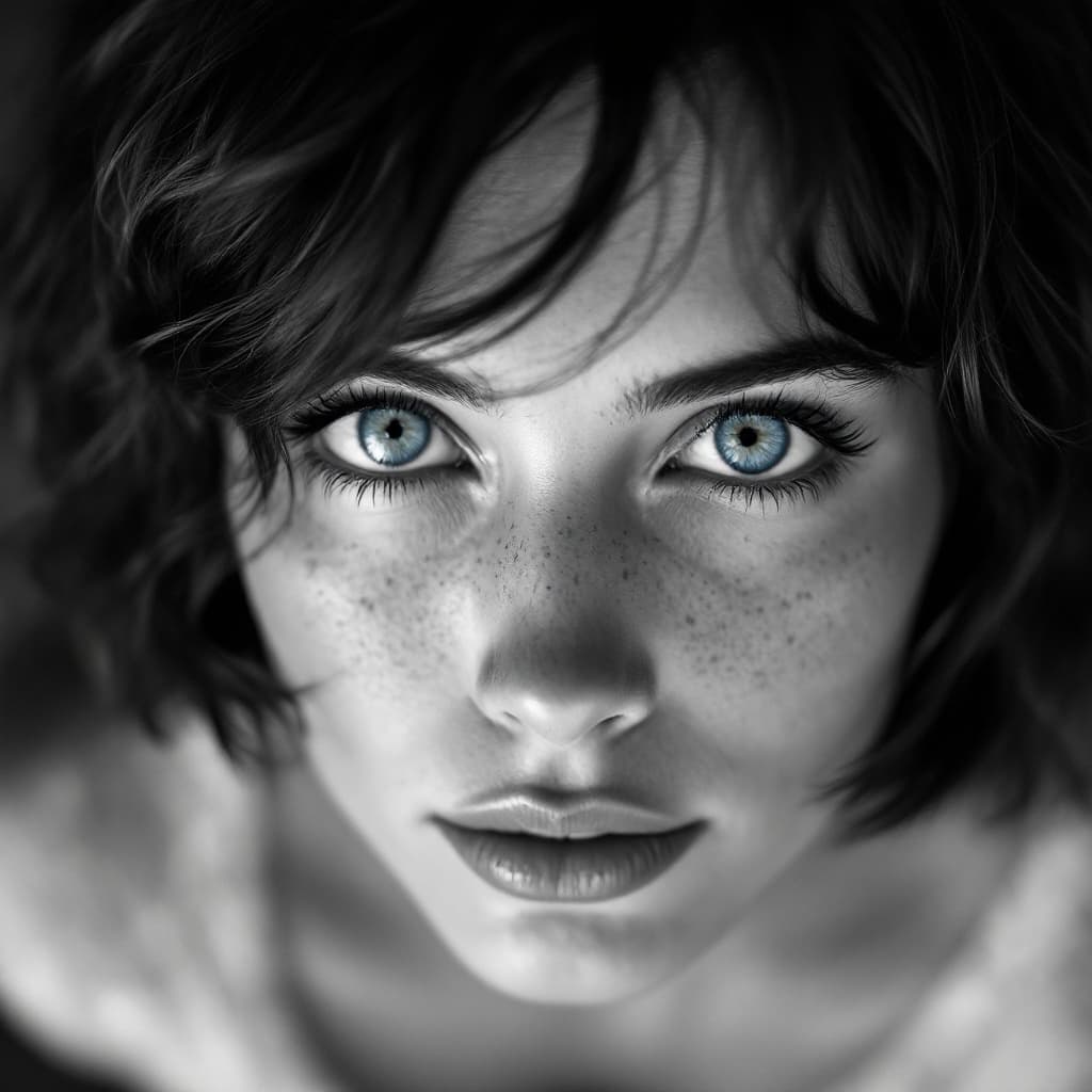 AI generated: (black and white:1.6), cinematic composition, top-down view, taken from above, Dutch angle, extreme ...