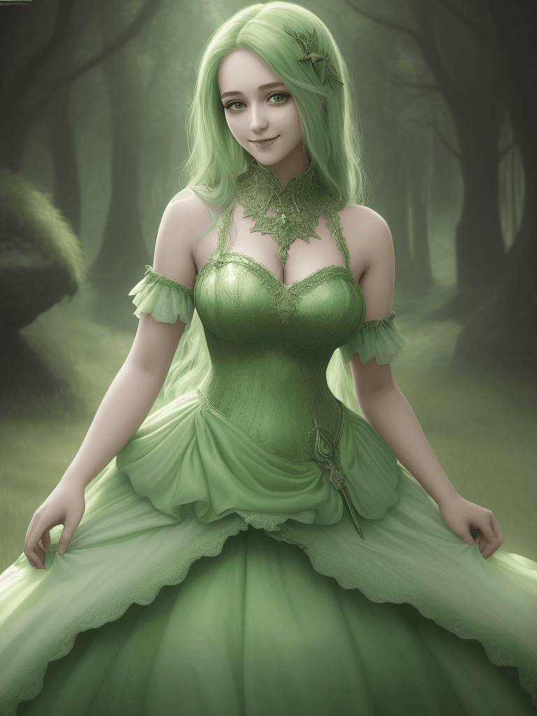 AI generated: A beautiful 25 years old girl slight smile in an extreme fantasy world. light green dresses. UHD, RA...