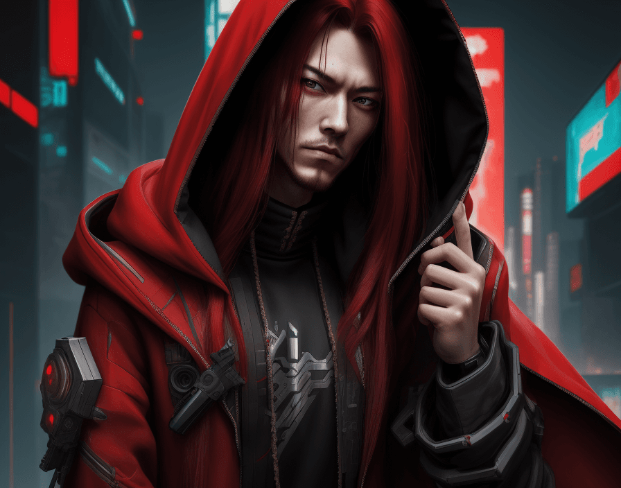 AI generated: Cyberpunk, Heavy Pistol, stylish, hooded, traditional clothes, chinesse, red long hair, male, kapisz...