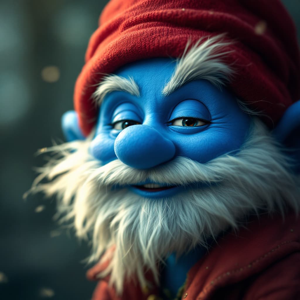 AI generated: Photo of smurf with the face from father smurf,more hiperrealism,red hat,
