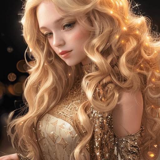 AI generated: a young blonde woman long curly hair, wearing gold sequins in front of lights and stars, in the styl...