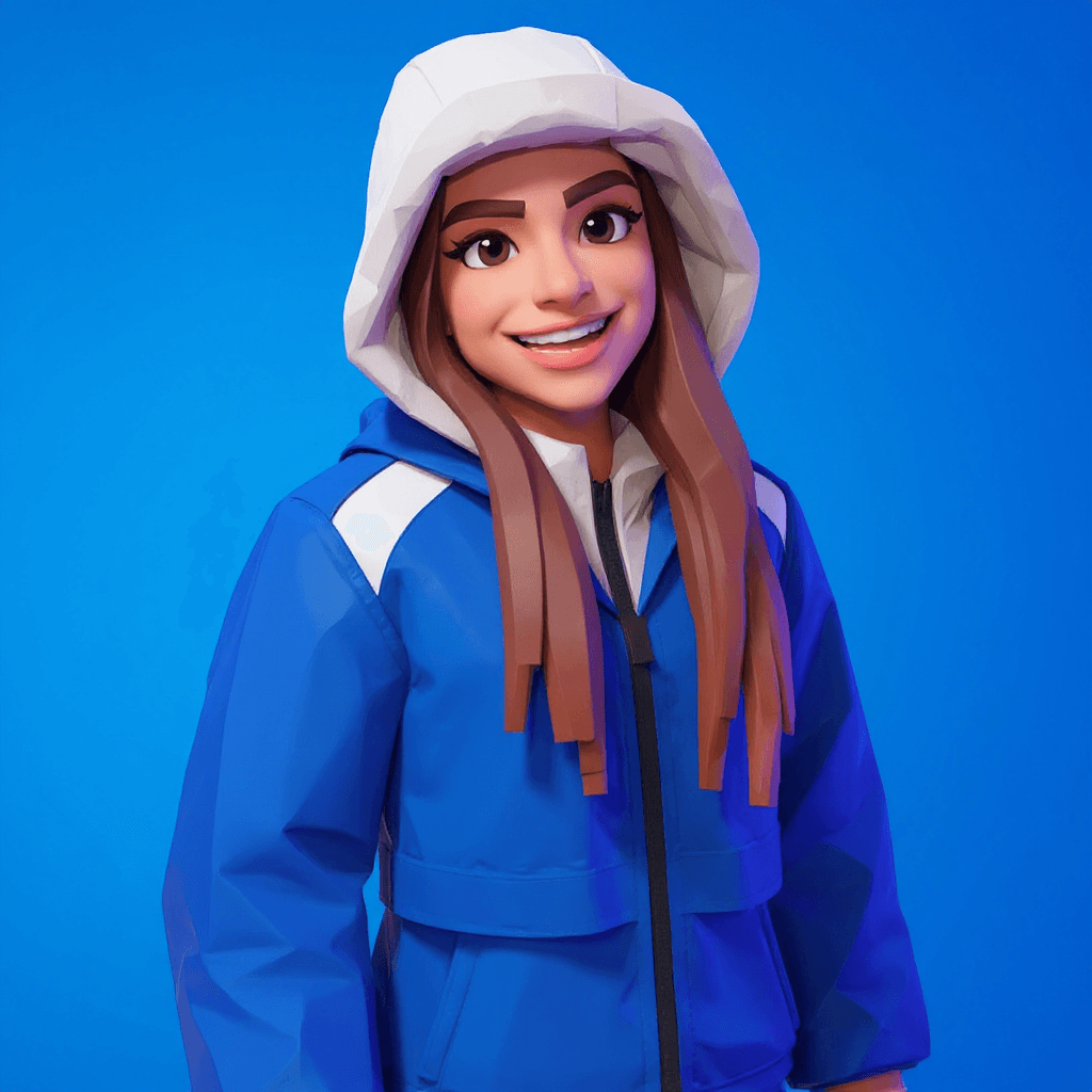AI generated: Transform her into a stylized 3D Fortnite character. Same pose, same clothing.