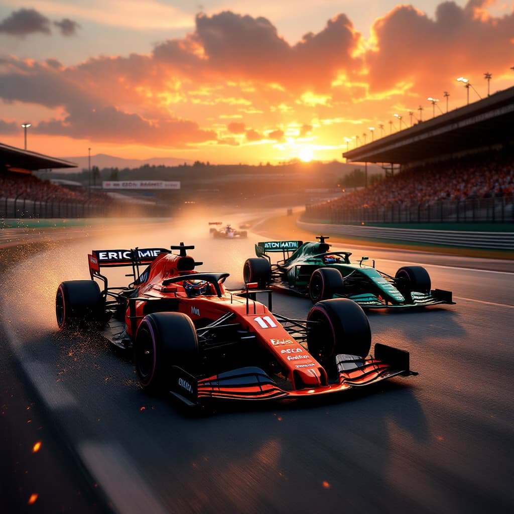 AI generated: A high-speed Formula 1 race is taking place on a professional circuit during a breathtaking sunset. ...