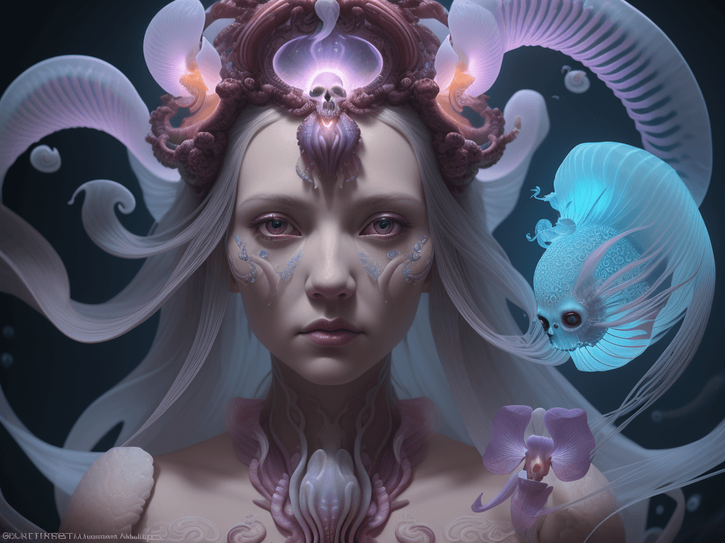 AI generated: Goddess close-up portrait ribcagel. jellyfish phoenix head, nautilus, orchid, skull, betta fish, bio...