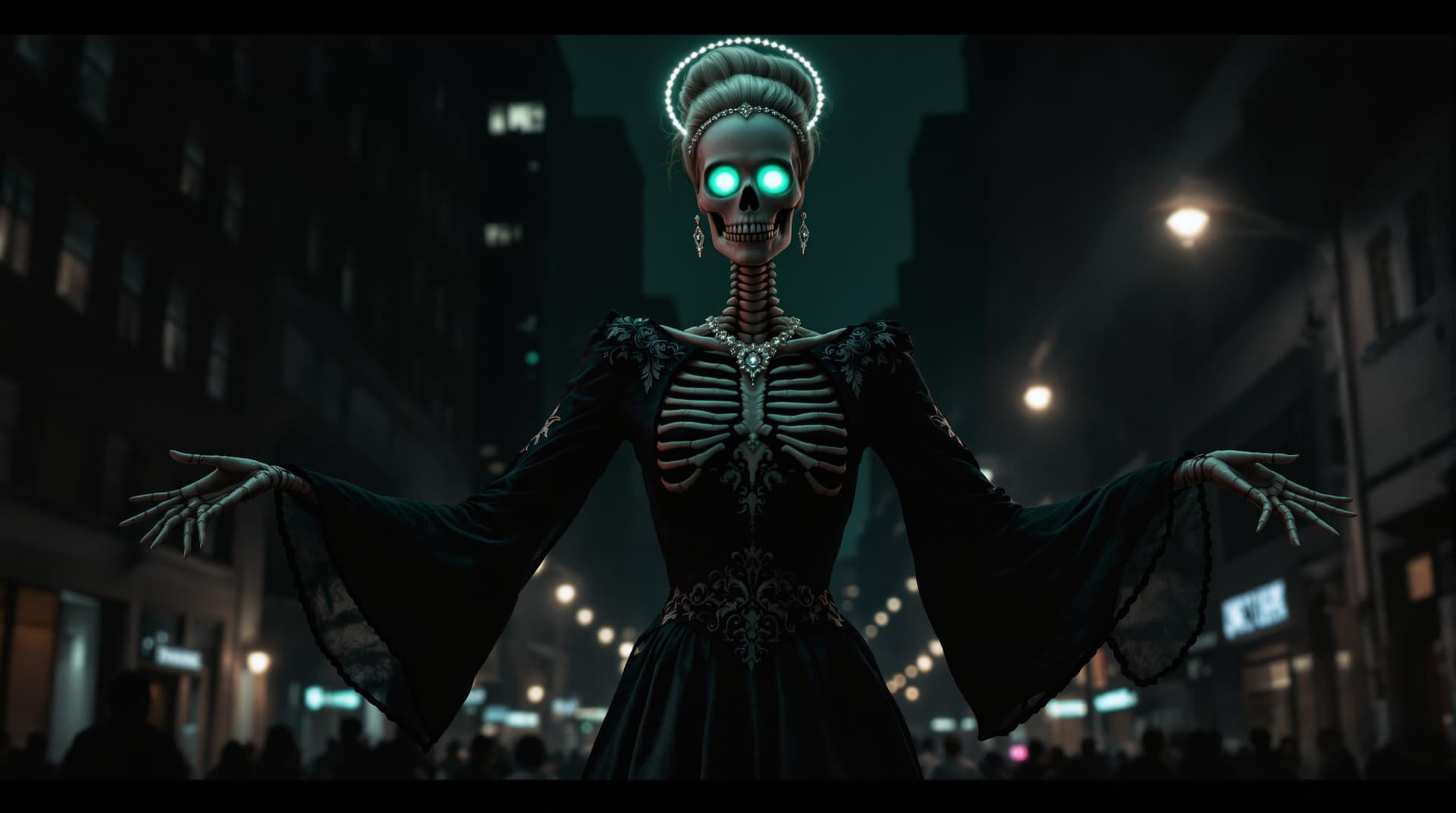 AI generated: The image presents a haunting scene of a dark and ominous city street at night, with a skeleton posi...