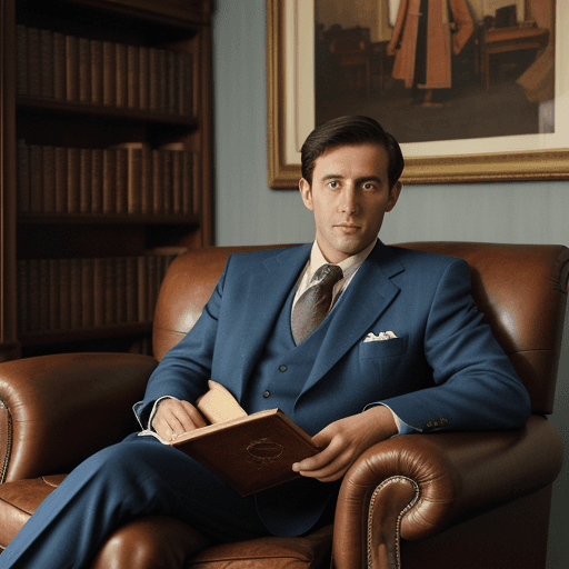 AI generated: a portrait of a lawyer doing his reading, classic blue suit, antique book, classic backdrop, brown e...