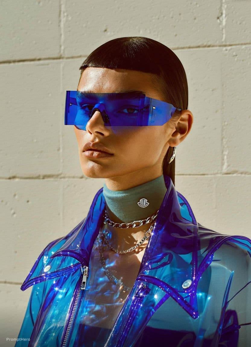 AI generated: Fashion shoot, Jacquemus and Moncler collaboration: dark blue translucent futuristic sunglasses, hyp...