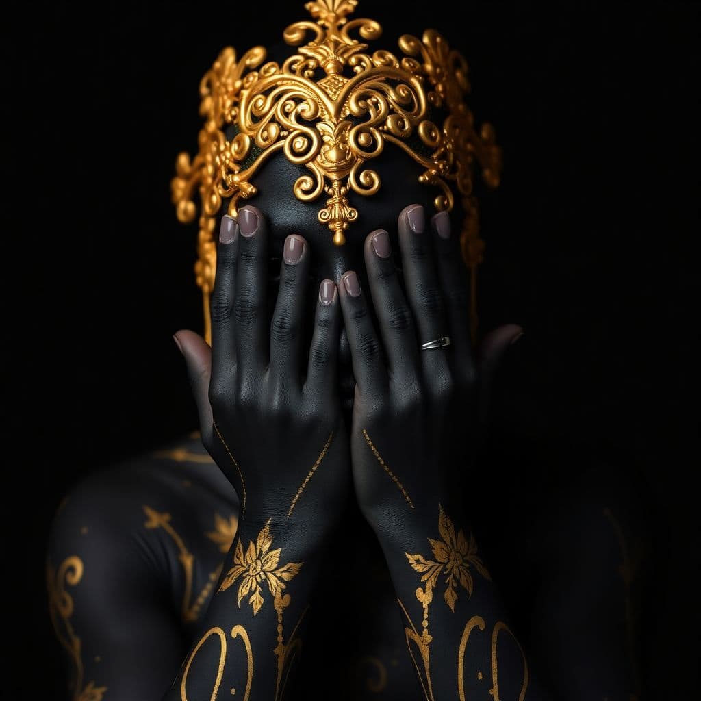 AI generated: A person with black body paint and golden details and headpiece covers their face with their hands. ...