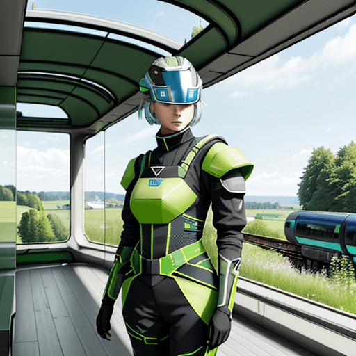 AI generated: Photo of a ultra realistic future green space outfit, die buchstaben ESS auf dem aunzug sichtbar, fa...
