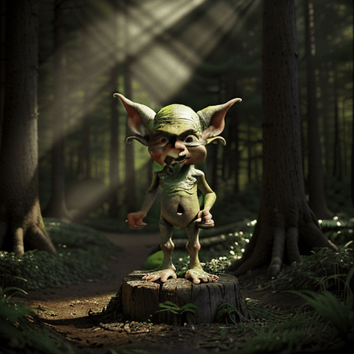 AI generated: a cute goblin with very big feet in a forest, cinematic light, photorealistic, mystical