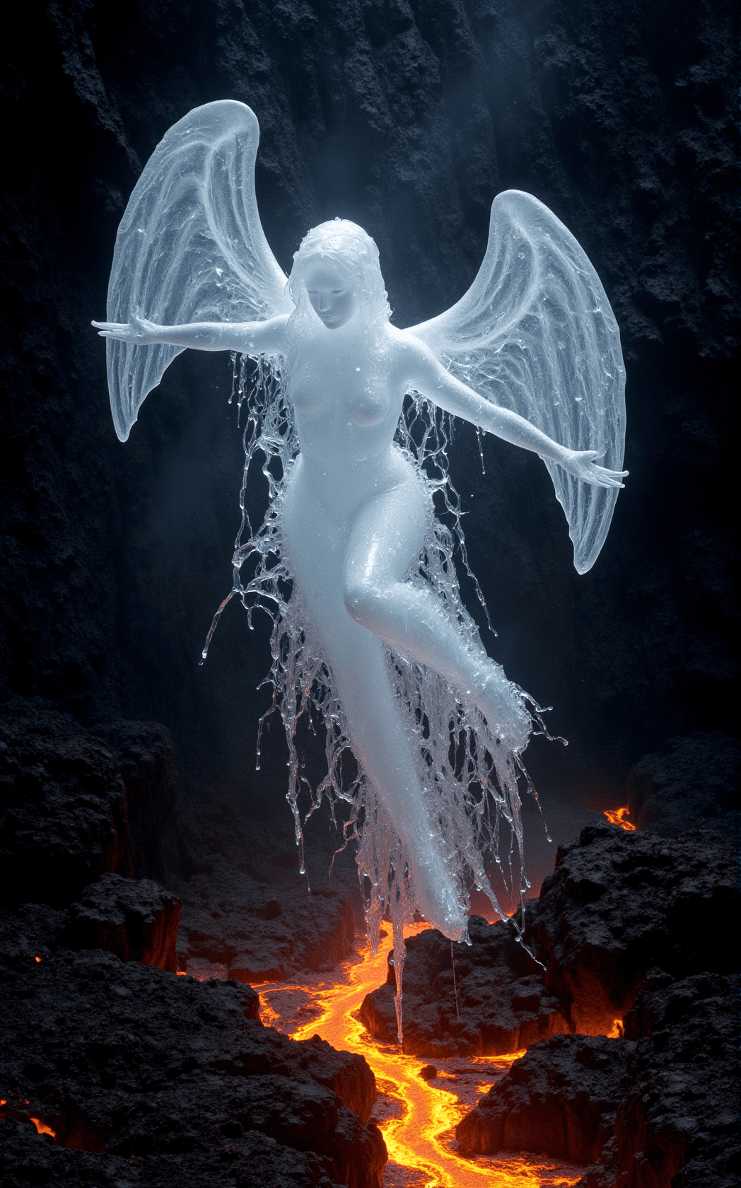 AI generated: A celestial figure, an iceshape angel, hovers serenely above a volcanic landscape. Her translucent w...