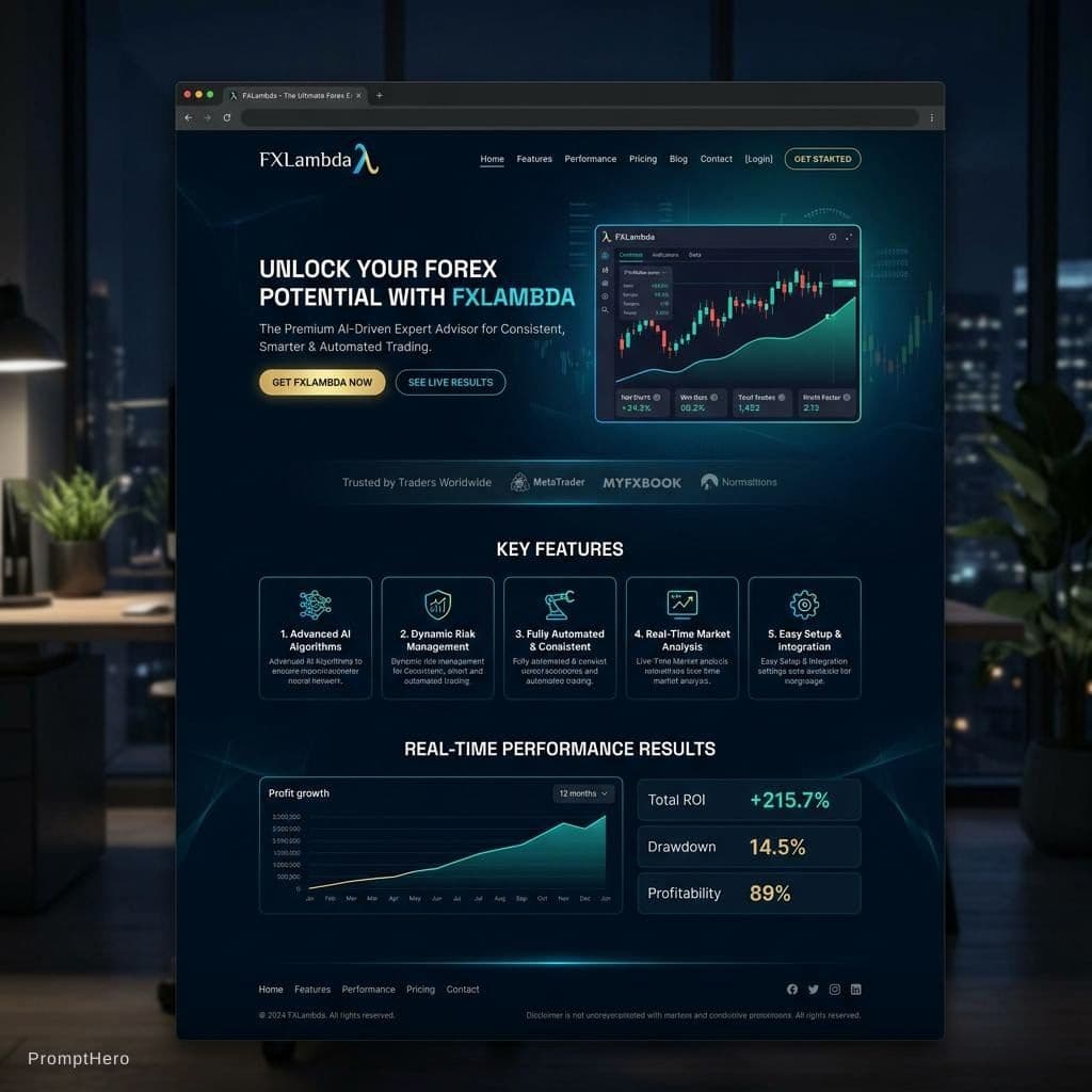 AI generated: Create a premium modern landing page design for a Forex Expert Advisor called "FXLambda".
