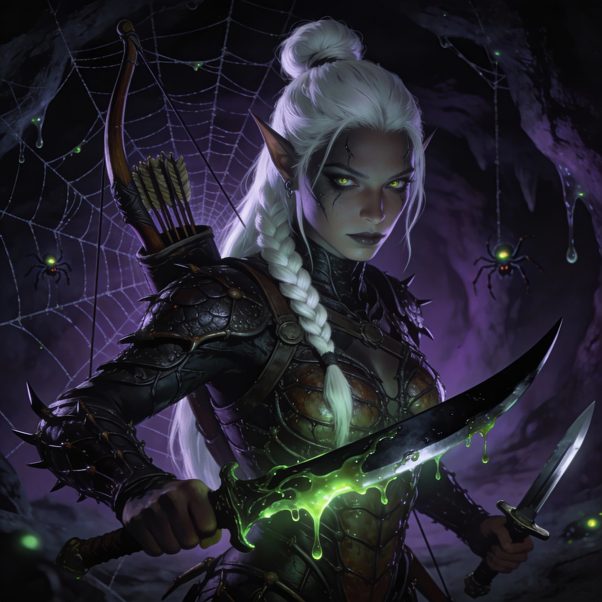 AI generated: a dark drow female elf, long whit hair in a top knot braid, wearing insect like leather armor, short...
