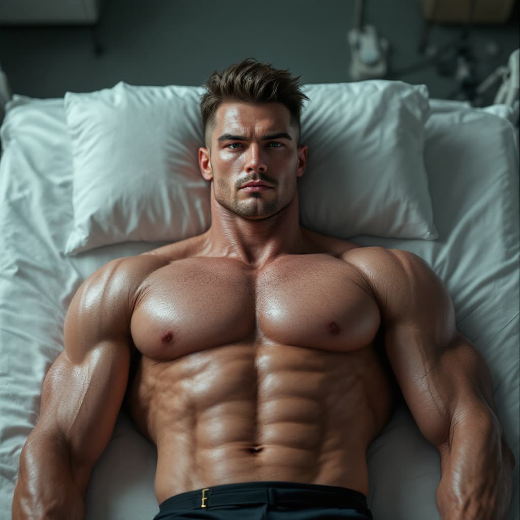 AI generated: Photorealistic image of Male cyborg with handsome face, exaggerated massive muscles, broad shoulders...