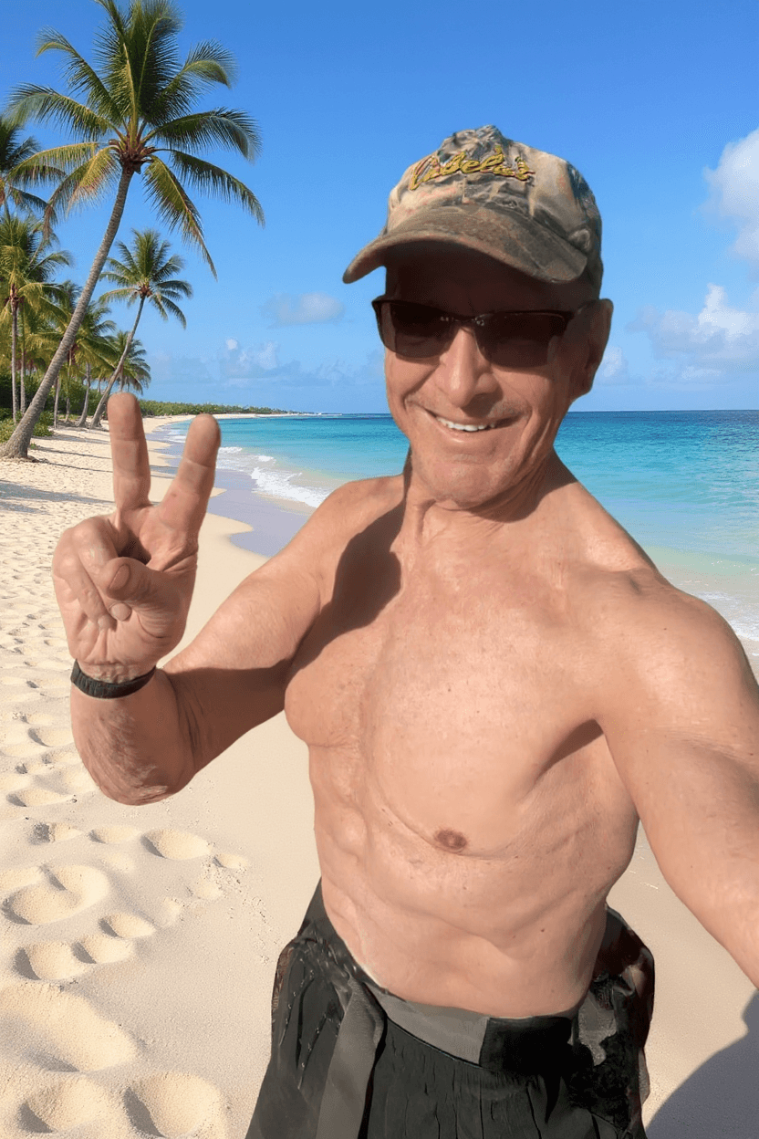 AI generated: replace background of reference image with tropical beach and ocean