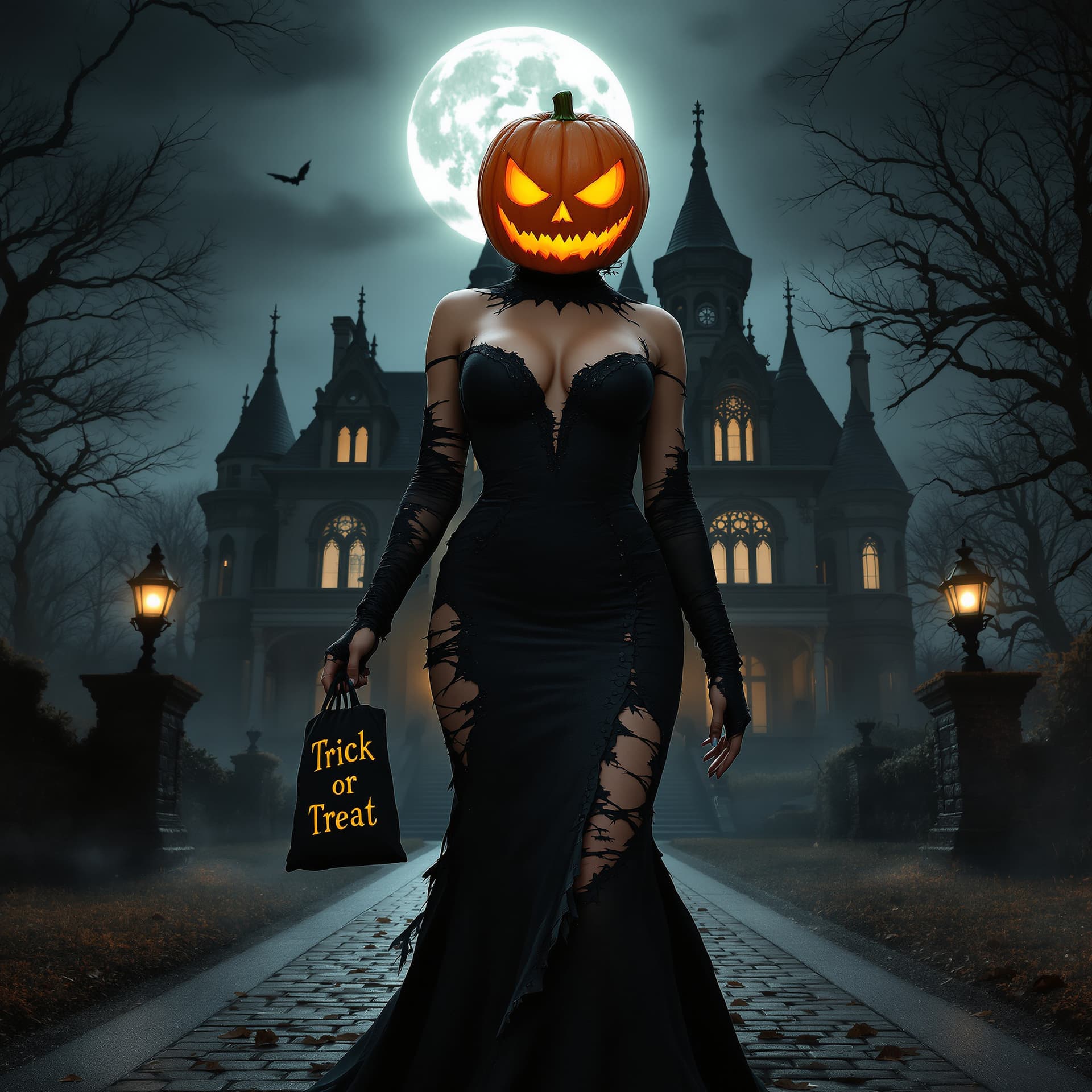 AI generated: ultrarealistic, fashion photography style, a beautiful, voluptuous fashion model  in a long black, f...