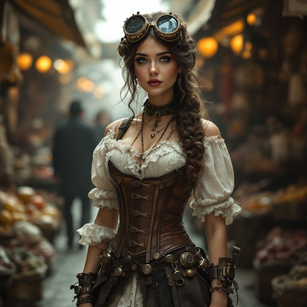 AI generated: A woman dressed in a Steampunk outfit standing in a bustling market. The style is reminiscent of a J...