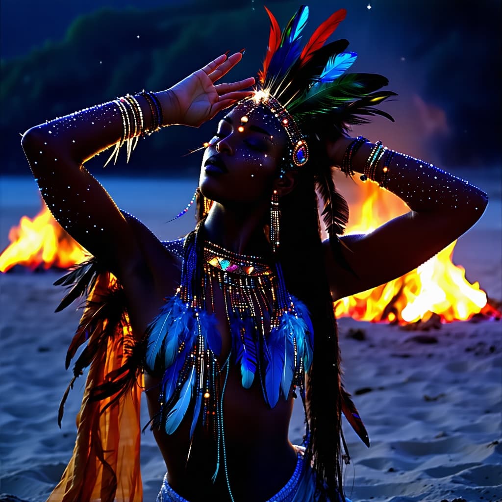 AI generated: dancer with feathers and jewelry at night on the beach by the fire in the style of magali villeneuve...