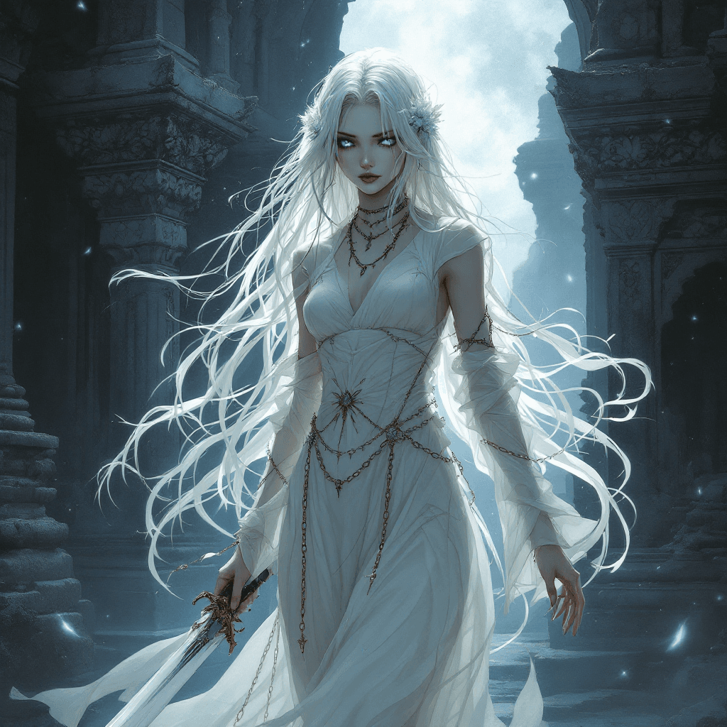 AI generated: 7. The Spirit-Bound Blade Singer: A haunting figure with long, platinum blonde hair that seems to sh...