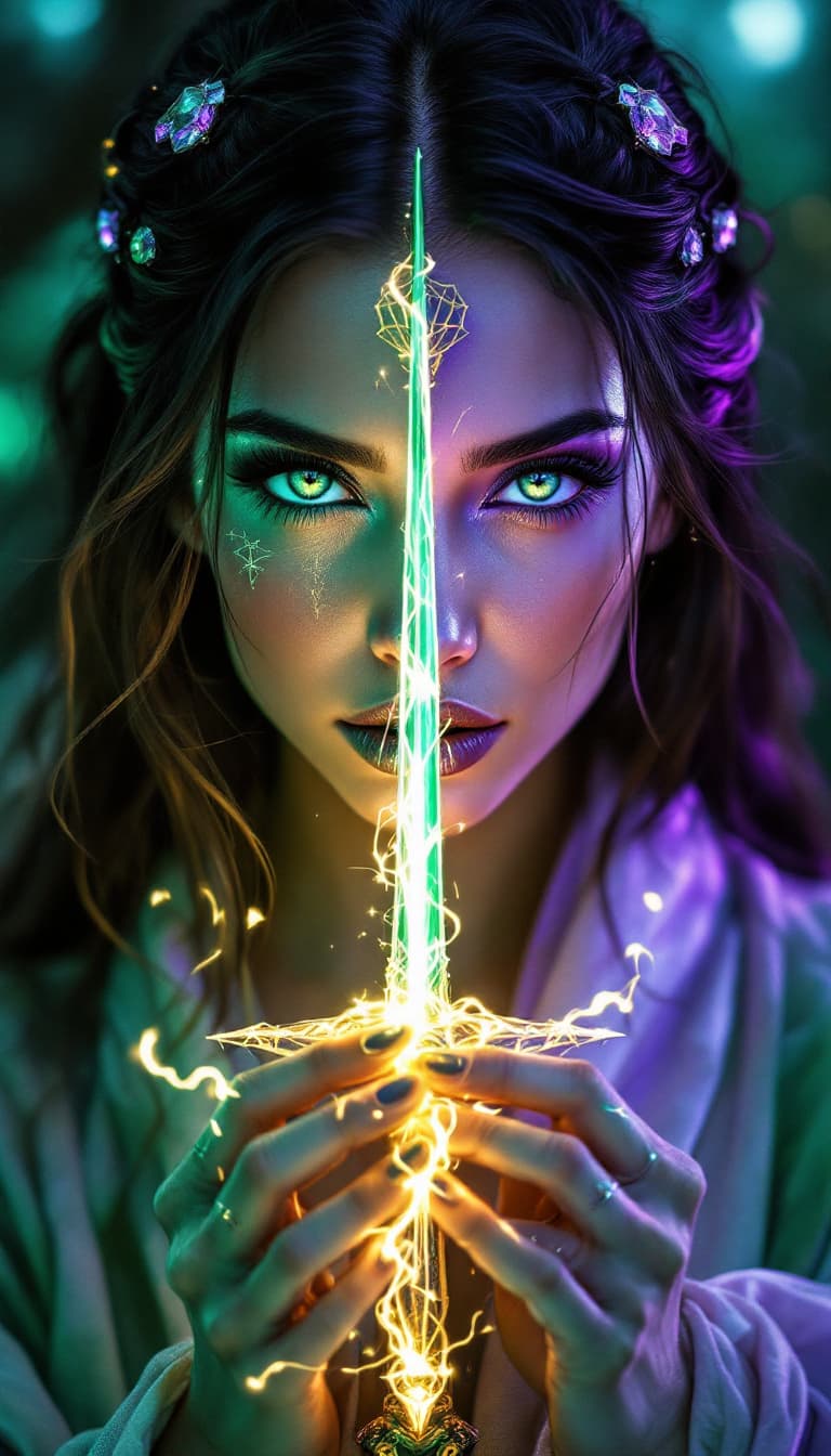 AI generated: An ultra-realistic, full-body action shot of a mesmerizing emerald gemini, exuding duality and compl...