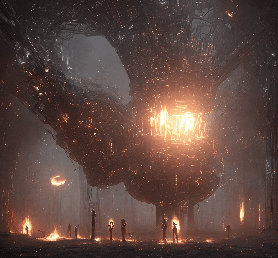 AI generated: 2  iron Mech are walking thru the big fire   in the tight  corridor  in a futuristic Alien spaceship...