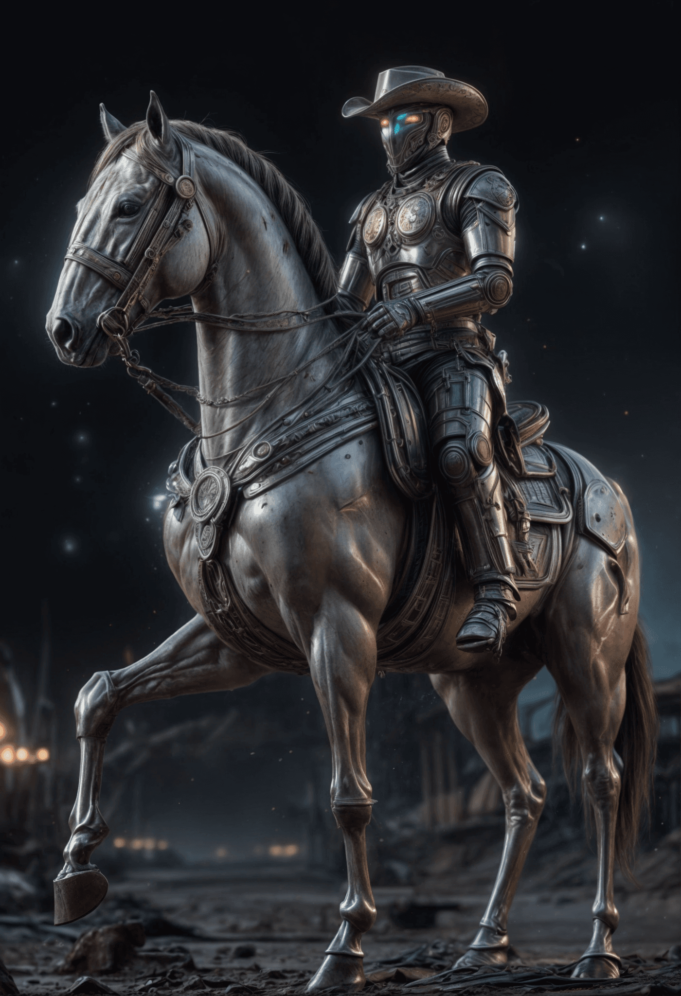 AI generated: metallic cyborg horse with a cyborg cowboy, retroscifi,beautiful alienplanet ,nebulas,moons,dynamic ...