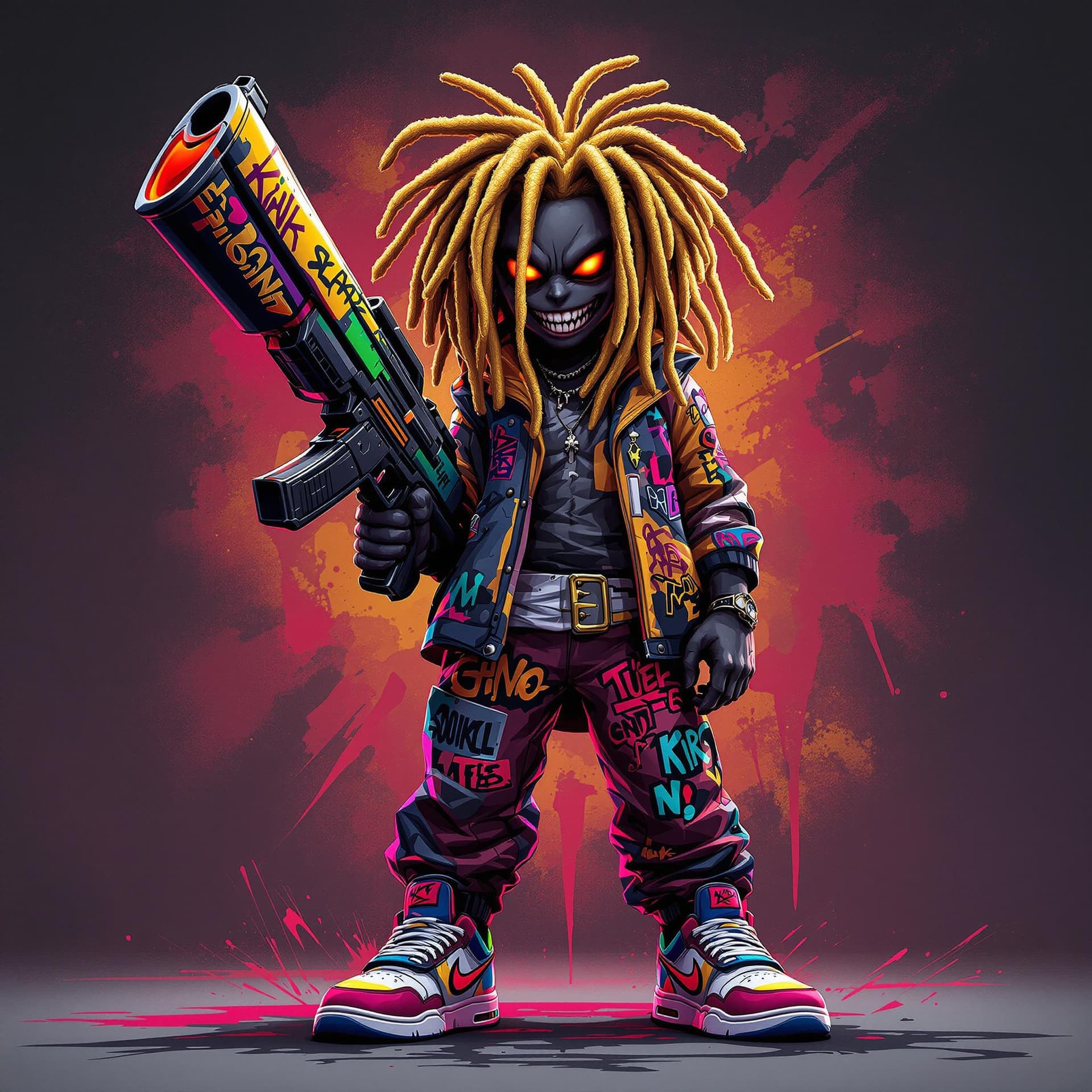 AI generated: a kid in a graffiti anime style but dark coal skin and glowing eyes, demonic features and a smile sh...