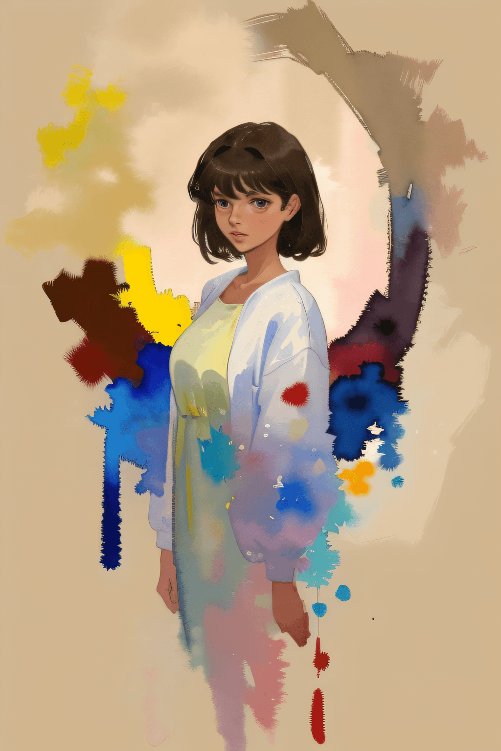 AI generated: ( watercolor \(medium\), IrisCompiet:1.2),painting of a woman, Taupe Brown theme, abstract backgroun...