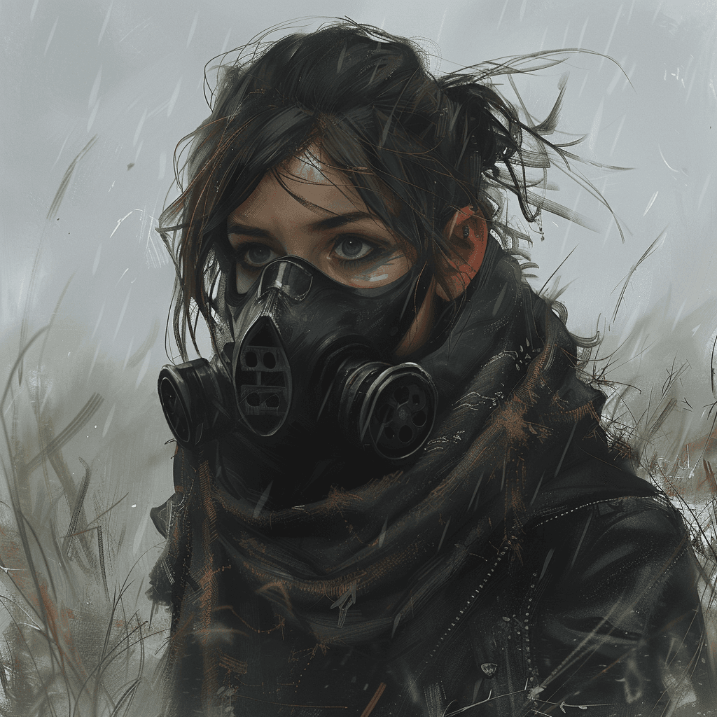 AI generated: portrait of a girl in a scarf with gas mask is an art piece by michel amen, in the style of cryengin...