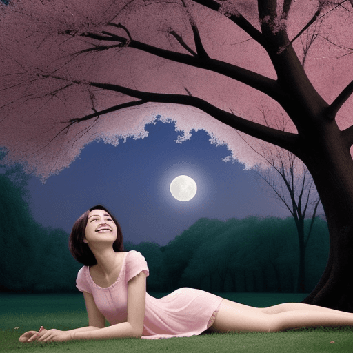 AI generated: Boy sit and lay down by the tree and look up the moon .in the moon one girl smiling.sky is pink and ...