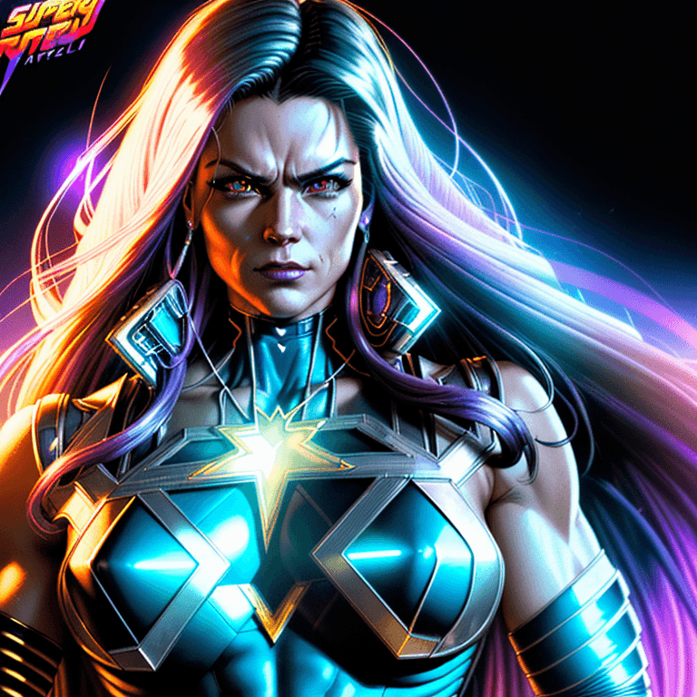 AI generated: a cyberpunk retrowave strong superhero portrait, with Extraordinary Powers, super speed, powerful, m...