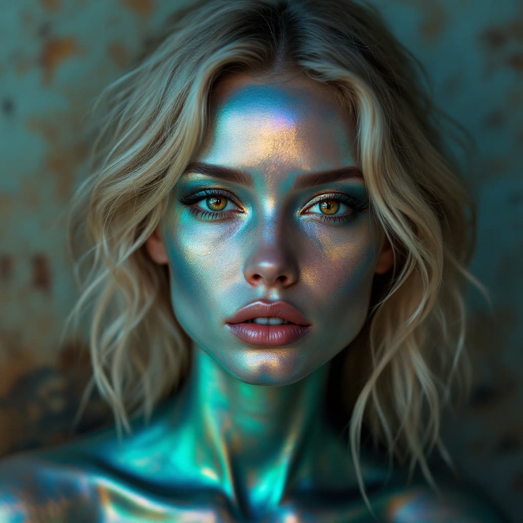AI generated: front direct view portrait of blond woman head, brown eyes, metalic skin, disappearing into the pati...