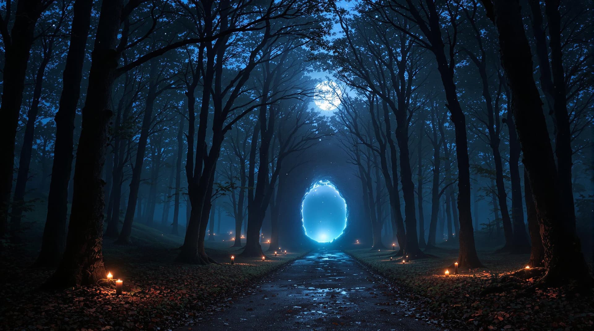 AI generated: a dark misty fairy tale forest at night time, a large gap in the trees at the centre of the image an...